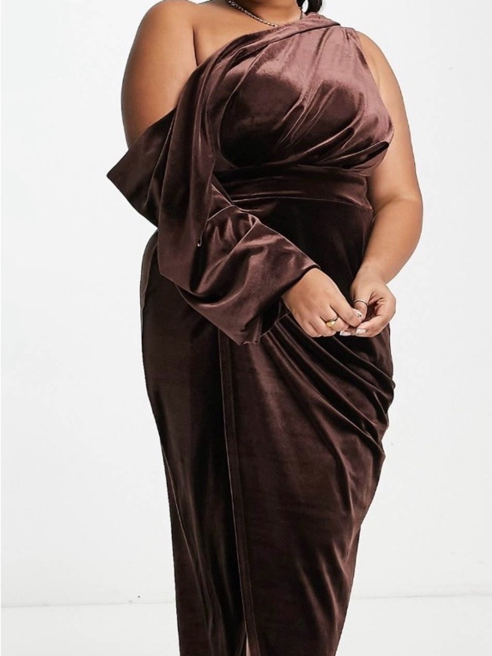 ASOS Curve Velvet One-Shoulder Dress in Chocolate Brown